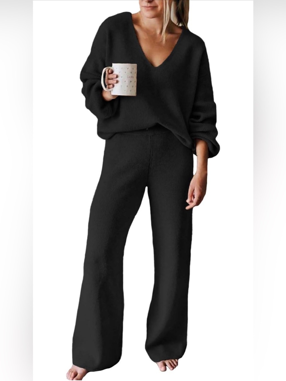 Viottiset Women's Casual V Neck Knit and Wide Leg Sweater Lounge Set 2pc Set